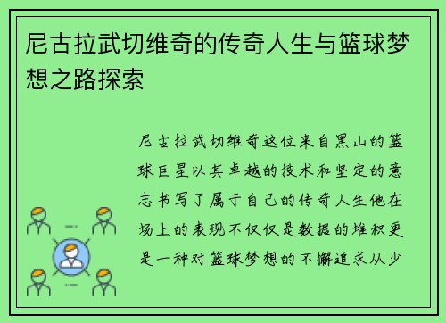尼古拉武切维奇的传奇人生与篮球梦想之路探索